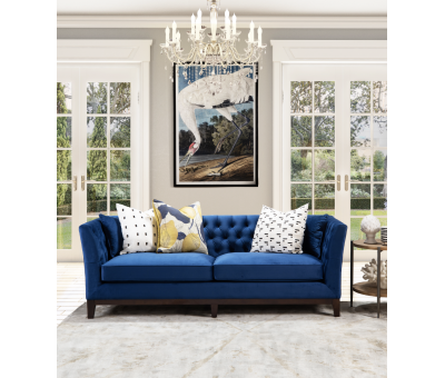 Karissa Navy Blue Sofa with tufted detailed back and wooden legs
