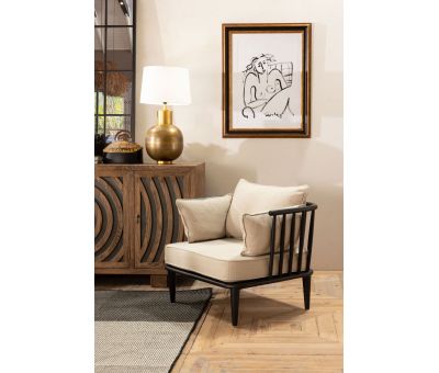 Armchair with dark wooden frame and linen cushions