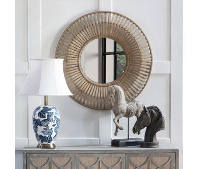 Round mirror with sunburst pattern of bamboo and plywood combo