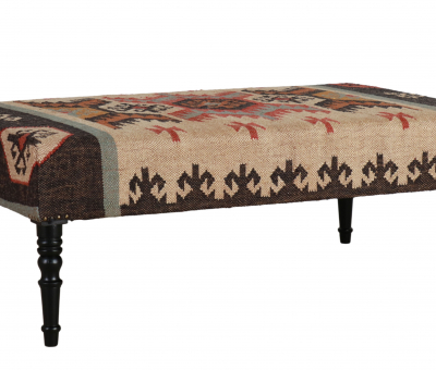 Multi-coloured ottoman with wooden legs