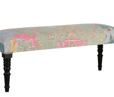 Multi-coloured ottoman with wooden legs