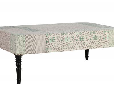 green and grey upholstered ottoman with wooden legs