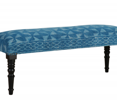 indigo upholstered bench with wooden legs