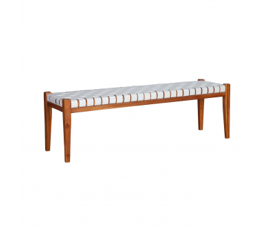 teak bench with white leather seating