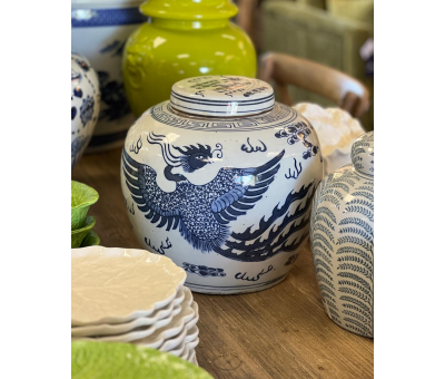 Blue and white ceramic jar with lid 