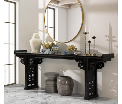 black lacquered asian inspired console 