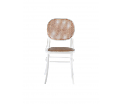 white wooden chair with rattan back and seat