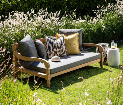 Block & Chisel outdoor teak daybed with grey cushions