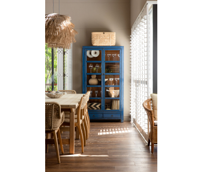 Blue lacquered chinese cupboard with drawers and doors