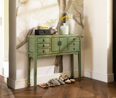 Khaki green chinese console with drawers and cupboard 