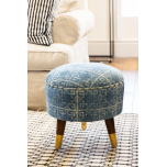 blue upholstered stool with 3 legs