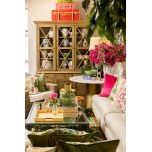 Oak display cabinet with 3 glass doors and drawers