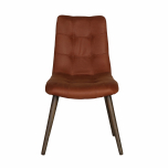 Upholstered chair in brown fabric and tapered wooden legs. 
