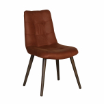Upholstered chair in brown fabric and tapered wooden legs. 