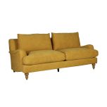 mission sofa in buttercup mustard fabric with wooden legs