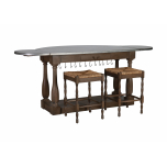 wooden kitchen island with 2 counter chairs