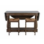 wooden kitchen island with 2 counter chairs