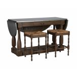 wooden kitchen island with 2 counter chairs