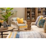 Upholstered armchair with wooden legs linen