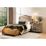 Cleopatra Bedend in old gold with tufted detail and wooden legs with convertible trays