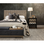 Block & Chisel grey upholstered bed end with oak wood legs