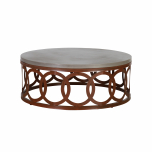 Round coffee table with circular design on base, and cement top