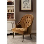 Deco chair upholstered in gold velour with deep buttoned detail, oak legs and castors Château Collection