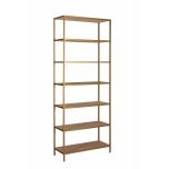 Gold metal bookshelf with wicker inlay shelving