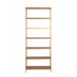 Gold metal bookshelf with wicker inlay shelving