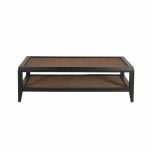 black frame coffee table with rattan inlay and bottom shelf