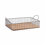 Large wire frame basket tray with wooden base