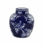 Blue and white ceramic jar with bird print 