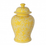 yellow and white floral print ginger jar with lid
