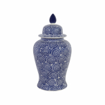 blue and white ceramic jar with circles