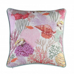 Linen printed scatter cushion coral with blue velvet back