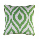 Green ikat print scatter cushion with green velvet backing 