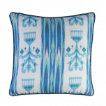 Blue ikat print scatter cushion with blue velvet backing 