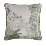 tropical scene cushion with green velvet backing. 