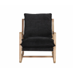Accent chair upholstered in black with oak frame