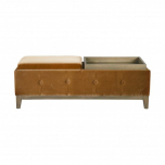 Cleopatra Bedend in old gold with tufted detail and wooden legs with convertible trays