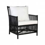 Block & Chisel black rattan armchair with white cushions