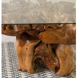 Block & Chisel teak root dining table with square glass top