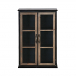 wood and metal storage cabinet with glass doors