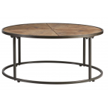 wooden circular coffee table with metal legs