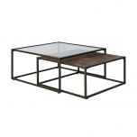 Glass and wood square coffee table with metal frame