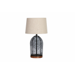 table lamp with black cage-like metal base and linen shade 