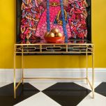 metal gold geometric console with mirror top