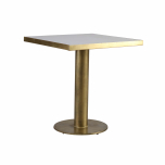 Gold tall side table with round brass base and square marble top.