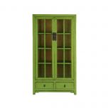 Lime green display cabinet with glass doors