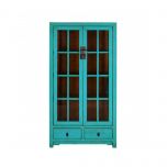 turquoise lacquered chinese cabinet with glass doors